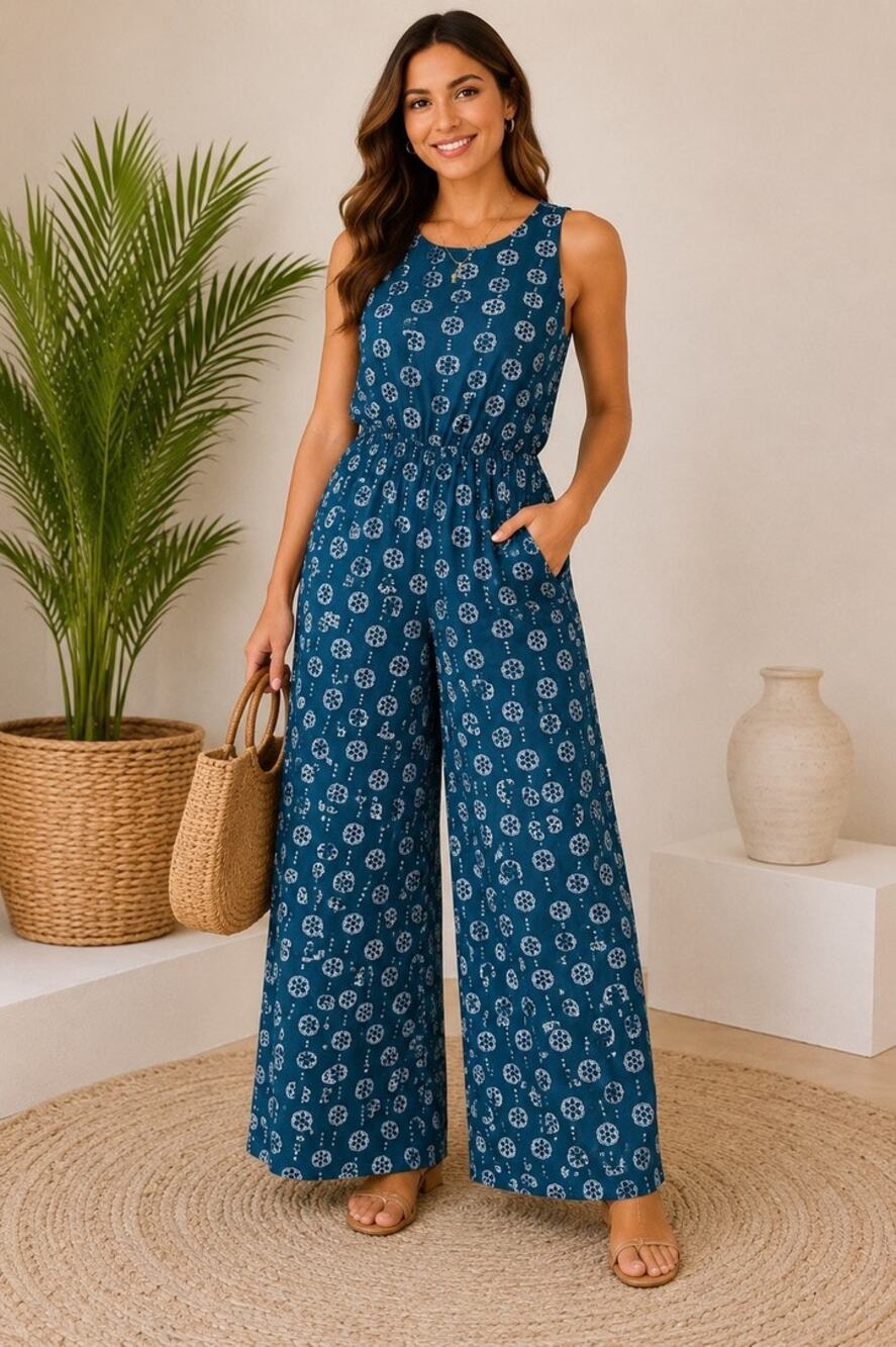 Mi Ami Teal White Mandala Wide Leg Jumpsuit L Boho Resort Vacation